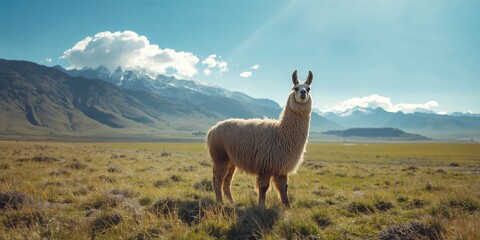 Fototapeta premium Bolivian llama on a border landscape between Chile and Bolivia, emphasizing native animal habitats