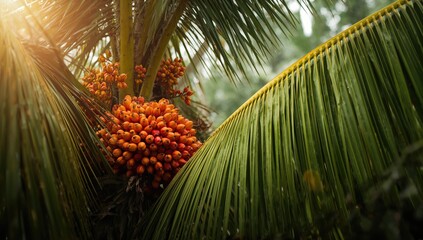 Palm oil trees laden with fruits, highlighting crop harvesting and farmland management, Earth Day
