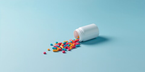 Medication bottle tipped over with pills spilled on a blue surface, emphasizing medication handling