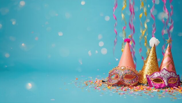 Brightly colored party items scattered on a blue backdrop for festive events, ideal for editorial header backgrounds