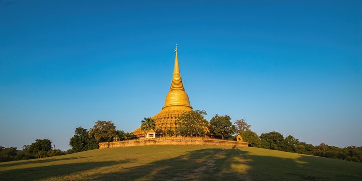 Shwemawdaw Golden Pagoda in Bago sky, religious site with historic construction, daytime, Buddhism, temple