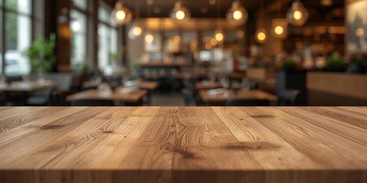 Wood table top in a cafe environment serving as a backdrop for text layouts, abstract blurry scene