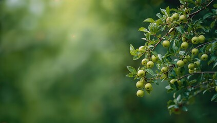 Young apples maturing on a garden tree, highlighting natural growth cycles