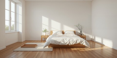 Simple white bedroom with a double bed, wooden tray, expansive window frames, and polished wood flooring, ideal for home decor settings