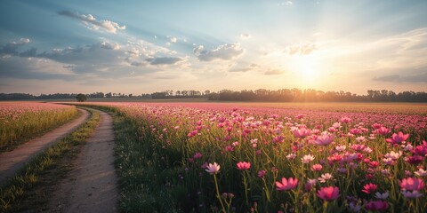 Naklejka premium Dirt road winding through a colorful flower field, ideal for editorial header backgrounds or visual layouts