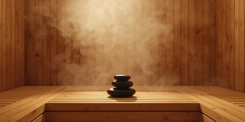 Set of dark stones placed on a wooden platform with visible steam, used in sauna therapy for health benefits, World Sauna Day