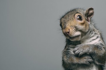 Squirrel looking at camera on gray background.