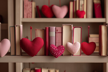 Books and heart shaped cushions arranged on a shelf.