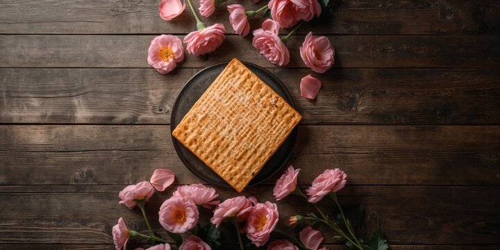 Flat lay of matzah and pink flowers, used as a holiday centerpiece for Passover celebrations
