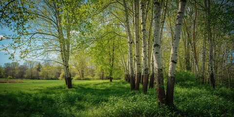 Fototapeta premium Birch trees bathed in bright sunlight, seasonal change and erosion risk, Earth Day