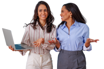 Successful businesswomen collaborating on project, discussing ideas with laptop, sharing insights, transparent background