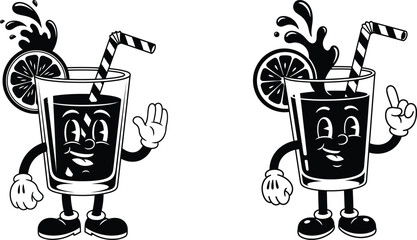 Cartoon juice glass mascot waving and pointing, citrus splash, retro illustration