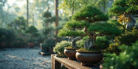 Potted cypress trees in a bonsai garden, focusing on pruning and care techniques