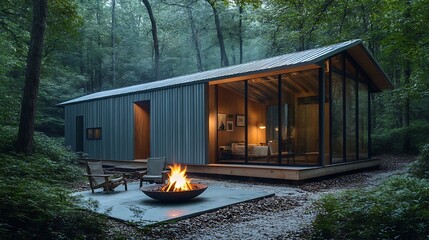 A cozy summer campfire burns brightly in the grass outside an old wooden trailer and a rustic home with large windows reflecting the blue sky
