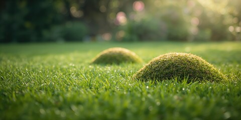 Naklejka premium Two molehills in the grass, highlighting underground activity and soil aeration