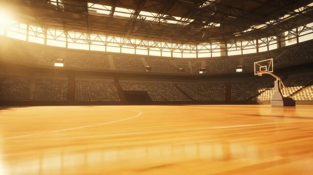 Empty basketball arena lit by sunlight with wooden court