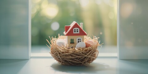 Miniature toy house in straw nest with eggs, highlighting housing stability and protection, World Housing Day
