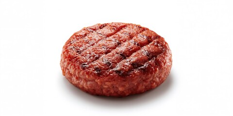 Obraz premium Raw burger beef patty on a white surface, emphasizing food safety and quality standards, National Nutrition Month
