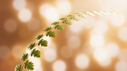 Delicate green fern leaf against a soft golden bokeh background. Represents nature's beauty and tranquility in a serene setting