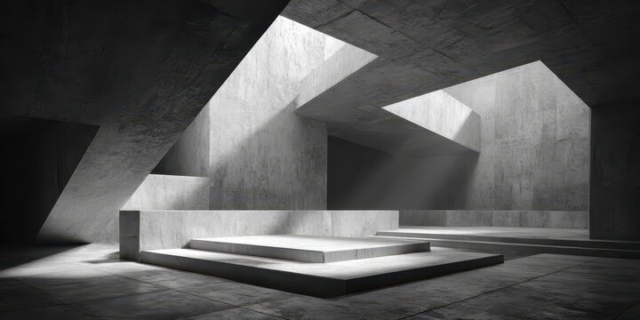 Dramatic concrete architectural space with podium and abstract light from geometric skylights