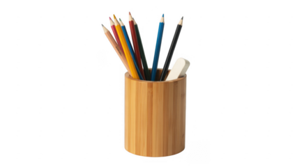 Bamboo pencil holder with colored pencils and eraser office supplies isolated on a transparent background