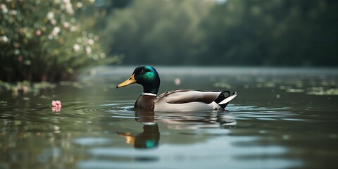 Obraz premium Mallard duck floating on water amidst greenery, highlighting wildlife conservation, Earth Day