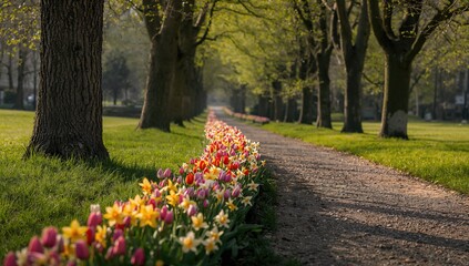 Naklejka premium Street scene featuring blooming bulbs in a lawn replacing perennial flower beds, garden maintenance focus