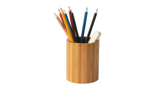 Bamboo pencil holder with colored pencils and eraser office supplies isolated on a transparent background