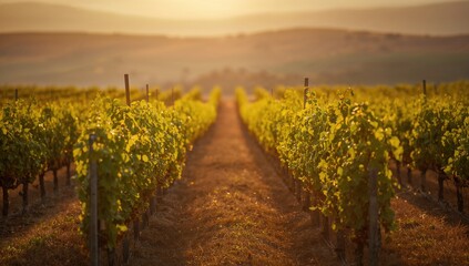 Fototapeta premium Sunlit young vineyard with thriving grape plants, highlighting farm sustainability and plant health