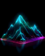 Vibrant Neon Wireframe Mountains: Futuristic Digital Landscape with Glowing Peaks