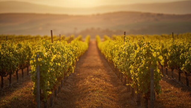 Sunlit young vineyard with thriving grape plants, highlighting farm sustainability and plant health
