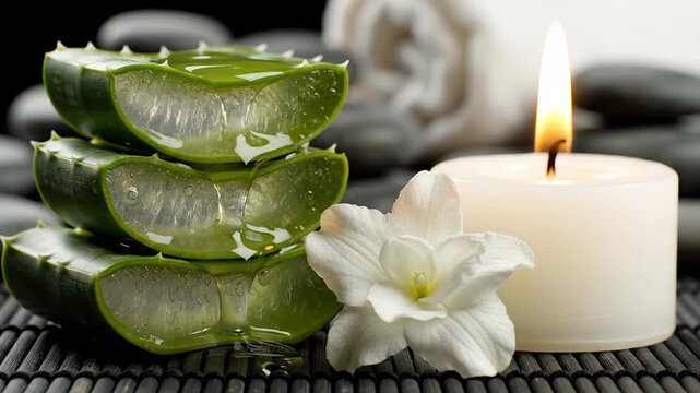 Refreshing aloe vera slices with natural gel dripping accompanied by a serene lit candle and delicate jasmine flower creating a tranquil spa atmosphere for natural skincare and holistic wellness trea. - Powered by Adobe