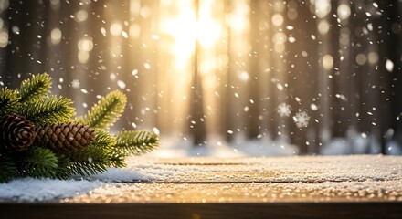 Snowy forest scene with pine tree and sun rays