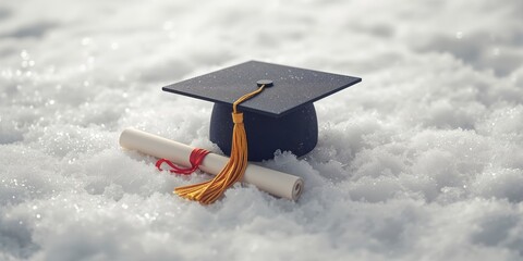 Diploma and mortarboard on white surface, milestone of educational success, International Education Week