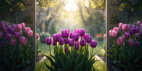 Colorful purple tulips blooming in a garden scene, suited for floral layout use