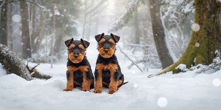 Two young Welsh Terrier gundog puppies in a winter forest with snow and ice, their playful activity during seasonal change