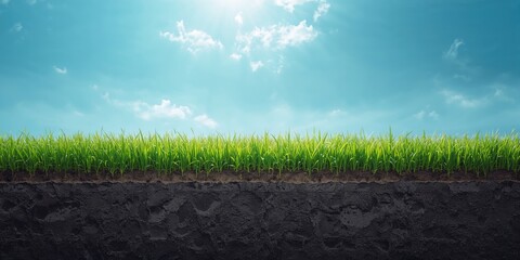 Lush green turf rooted in earth under a bright blue sky, ideal for nature-themed layouts