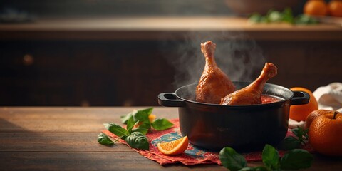 Three-cup chicken simmering in a pot with vibrant napkin, highlighting home cooking techniques, food preparation