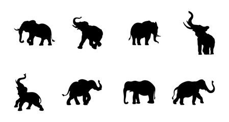 Black elephant silhouettes in various poses. wild and cute animal cartoon.