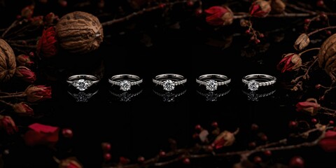 Set of five diamond rings arranged on dark surface alongside walnut shell and dried red rose buds, suitable for festive occasions
