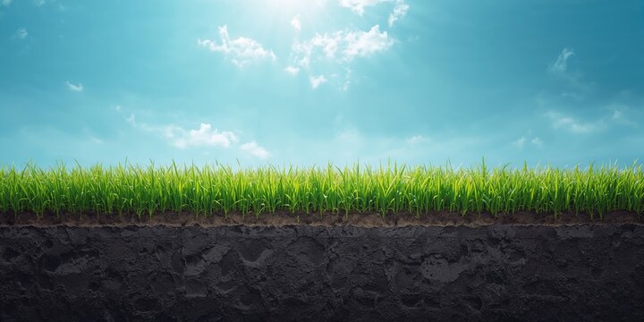 Lush green turf rooted in earth under a bright blue sky, ideal for nature-themed layouts
