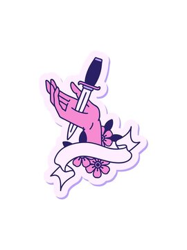 bobbing motion animation of tattoo style sticker with banner of a dagger in the hand