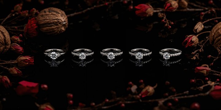 Set of five diamond rings arranged on dark surface alongside walnut shell and dried red rose buds, suitable for festive occasions - Powered by Adobe