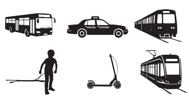 Black Silhouettes of Bus, Car, Train and Person with Rope, Scooter, and Tram on White Background