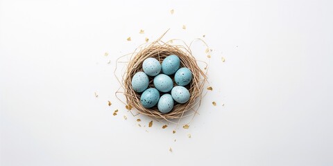 Robin eggs nestled in branches creating a natural backdrop for text, spring theme