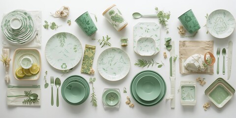 Collection of biodegradable food packaging with recycling symbols, eco-conscious waste management