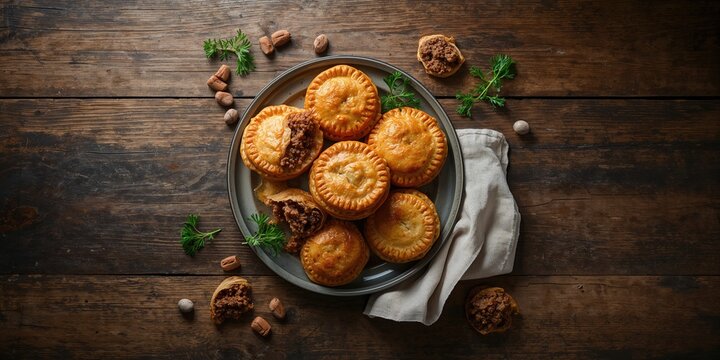 A selection of homemade pies arranged on a table, suitable for culinary presentation or menu backdrop