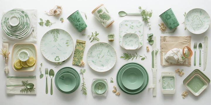Collection of biodegradable food packaging with recycling symbols, eco-conscious waste management