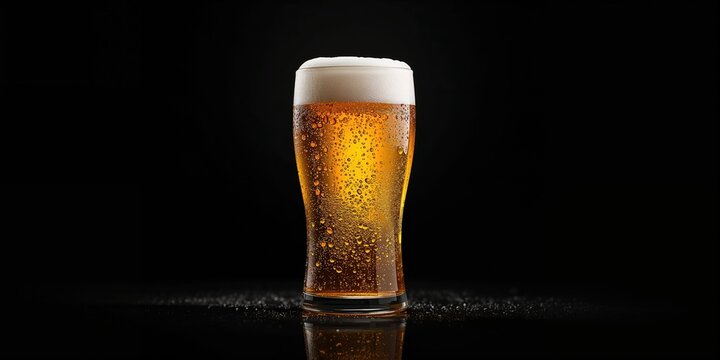 Chilled lager beer with foam and condensation, suitable for a beverage temperature regulation background