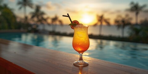 Colorful mixed drink on the bar counter, highlighting beverage artistry and presentation